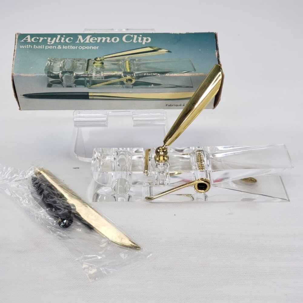 NEW Clear Acrylic Clothespin Memo Clip Ball Pen Letter Opener Vintage Hong Kong